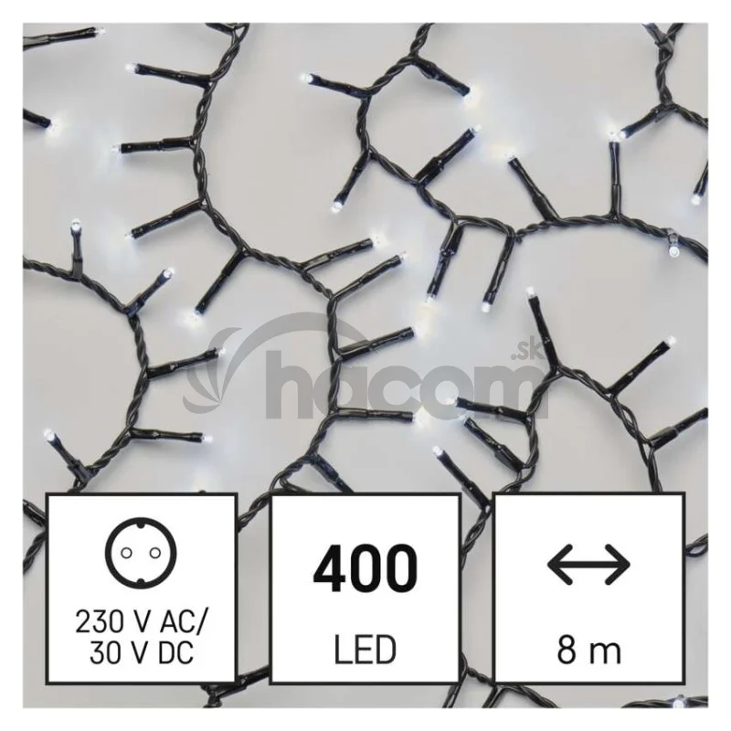 LED vianočná reťaz – cluster, 8 m, vonkajšia aj vnútorná, studená biela, časovač