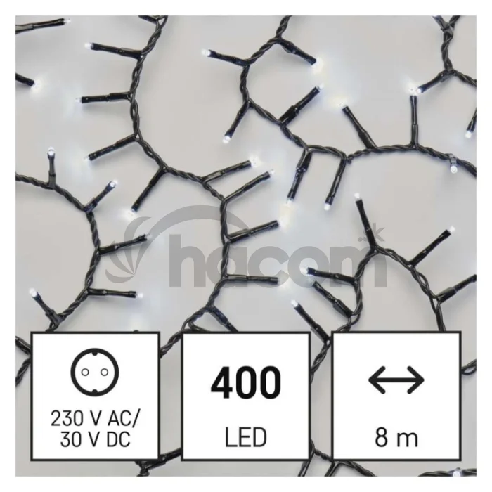 LED vianočná reťaz – cluster, 8 m, vonkajšia aj vnútorná, studená biela, časovač