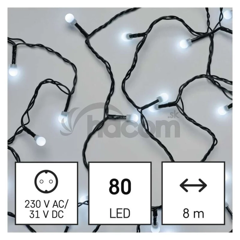 LED vianočná cherry reťaz – guličky, 8 m, vonkajšia aj vnútorná, studená biela, programy