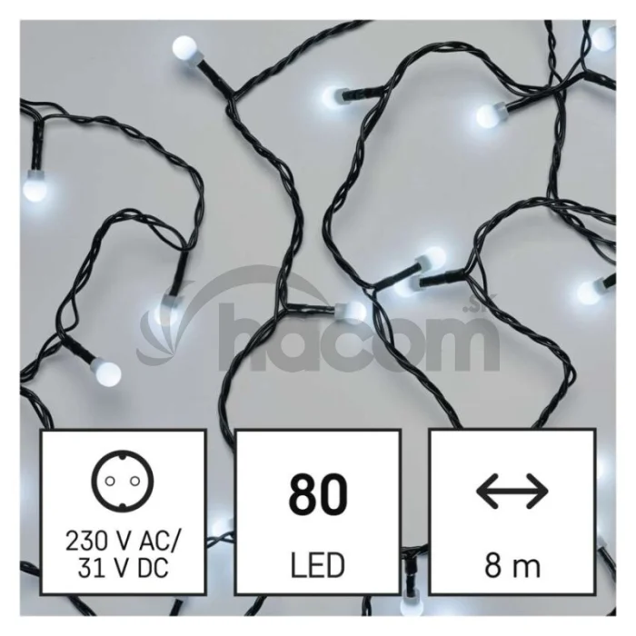 LED vianočná cherry reťaz – guličky, 8 m, vonkajšia aj vnútorná, studená biela, programy