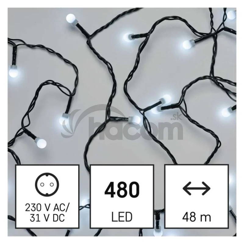 LED vianočná cherry reťaz – guličky, 48 m, vonkajšia aj vnútorná, studená biela, časovač