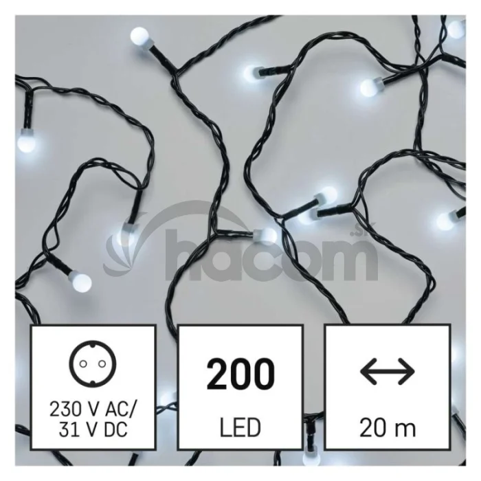 LED vianočná cherry reťaz – guličky, 20 m, vonkajšia aj vnútorná, studená biela, programy