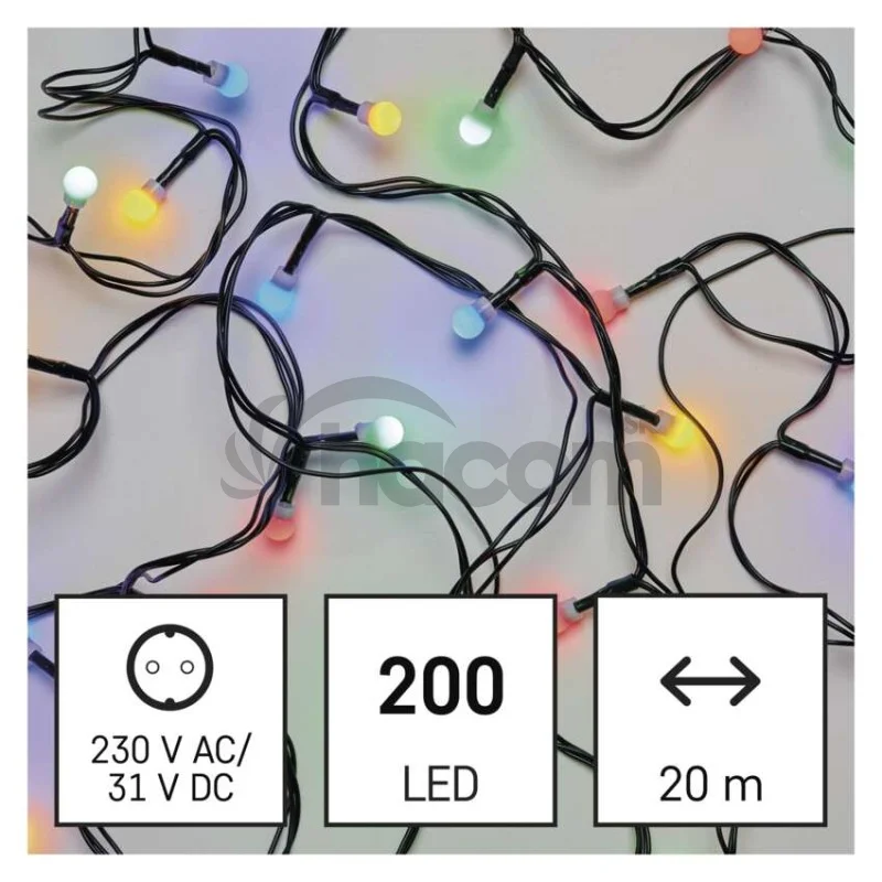 LED vianočná cherry reťaz – guličky, 20 m, vonkajšia aj vnútorná, multicolor, časovač
