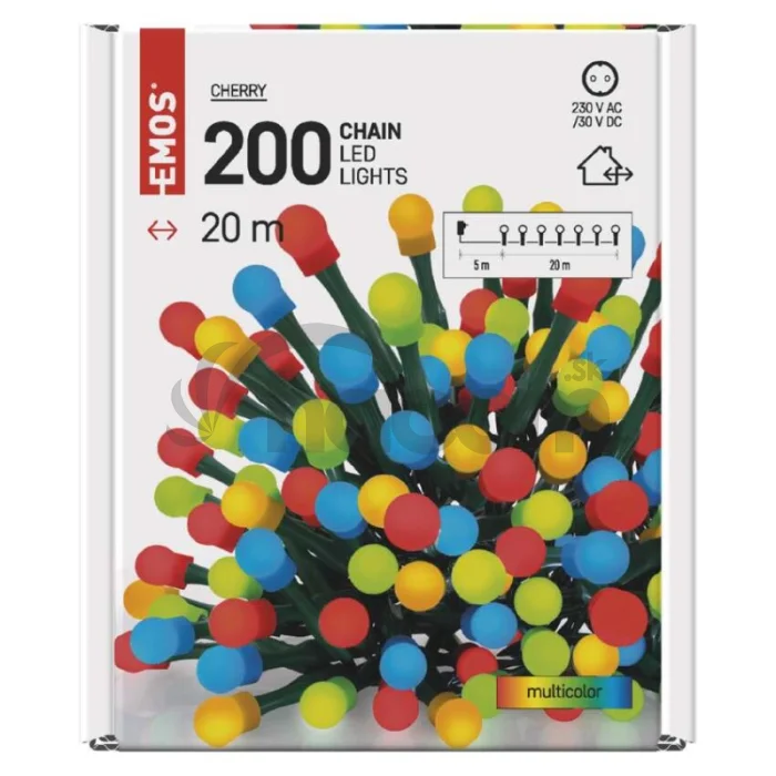 LED vianočná cherry reťaz – guličky, 20 m, vonkajšia aj vnútorná, multicolor, časovač
