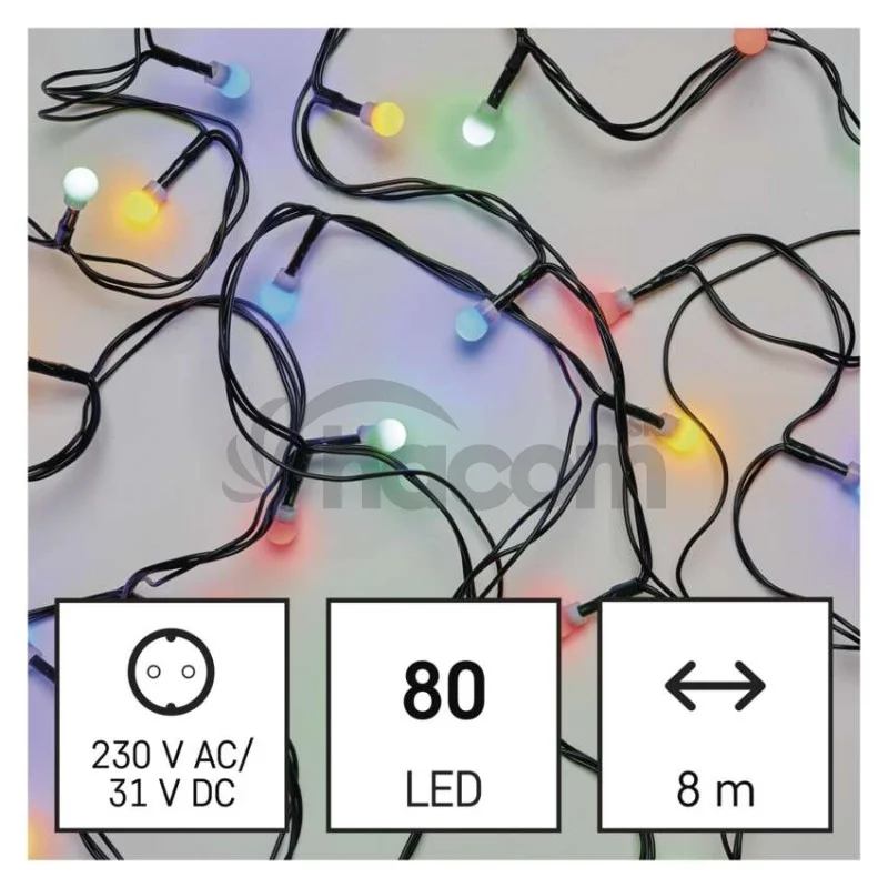 LED vianočná cherry reťaz – guličky, 8 m, vonkajšia aj vnútorná, multicolor, programy