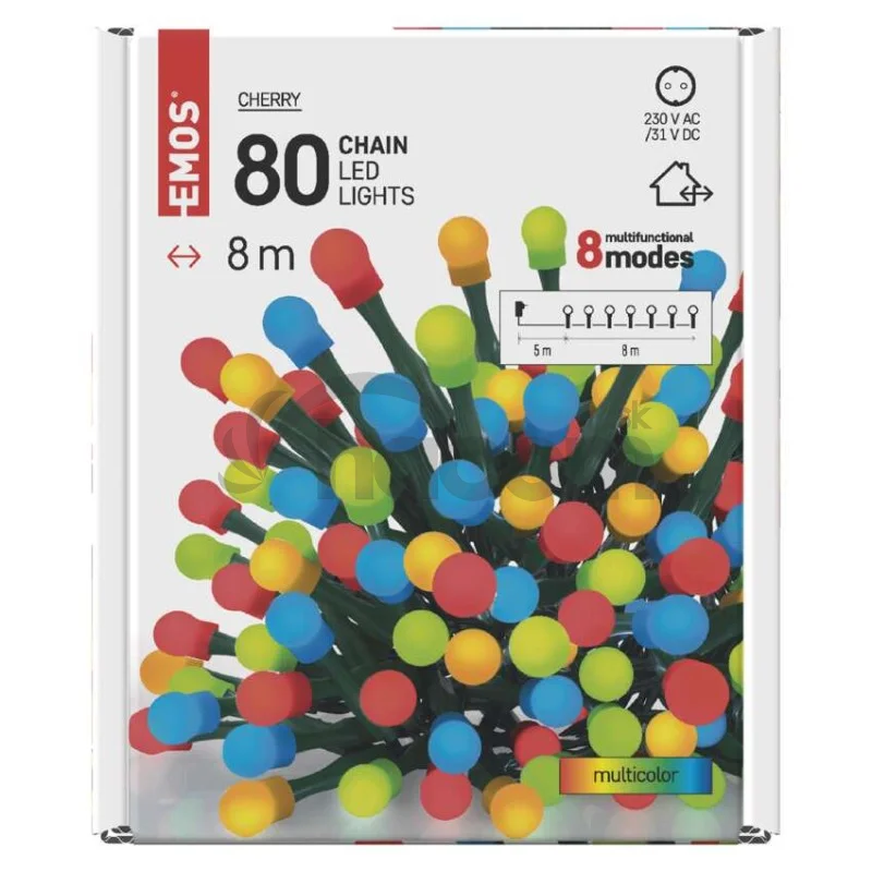 LED vianočná cherry reťaz – guličky, 8 m, vonkajšia aj vnútorná, multicolor, programy