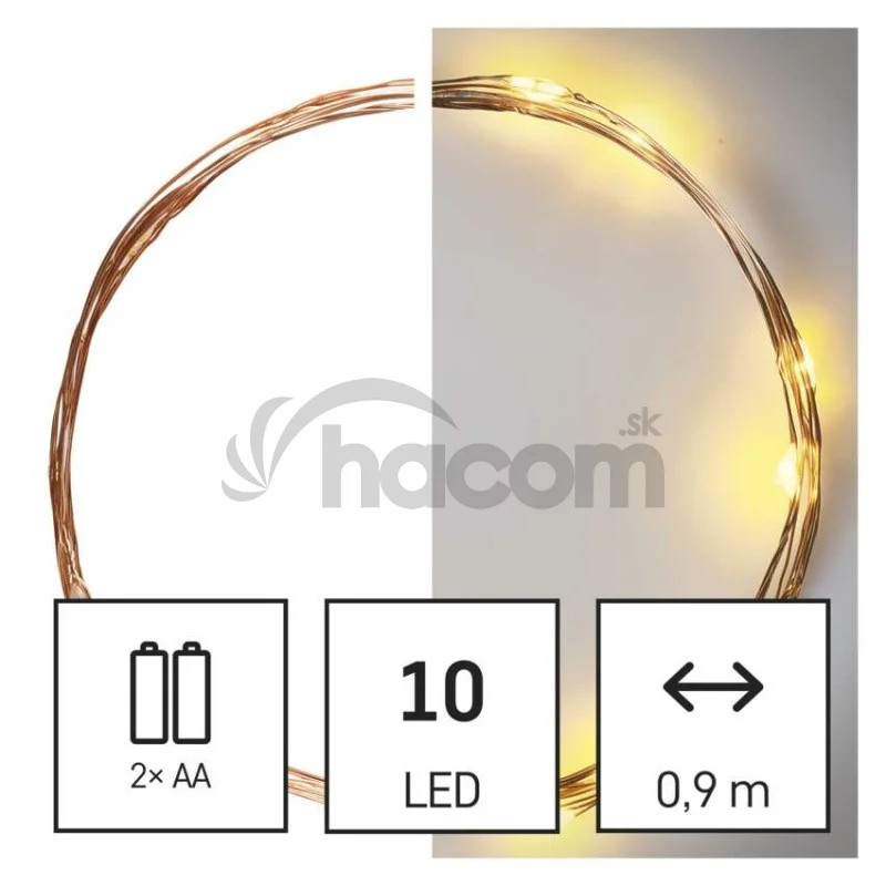 LED vianočná nano reťaz medená, 0,9 m, 2x AA, vnútorná, teplá biela, časovač