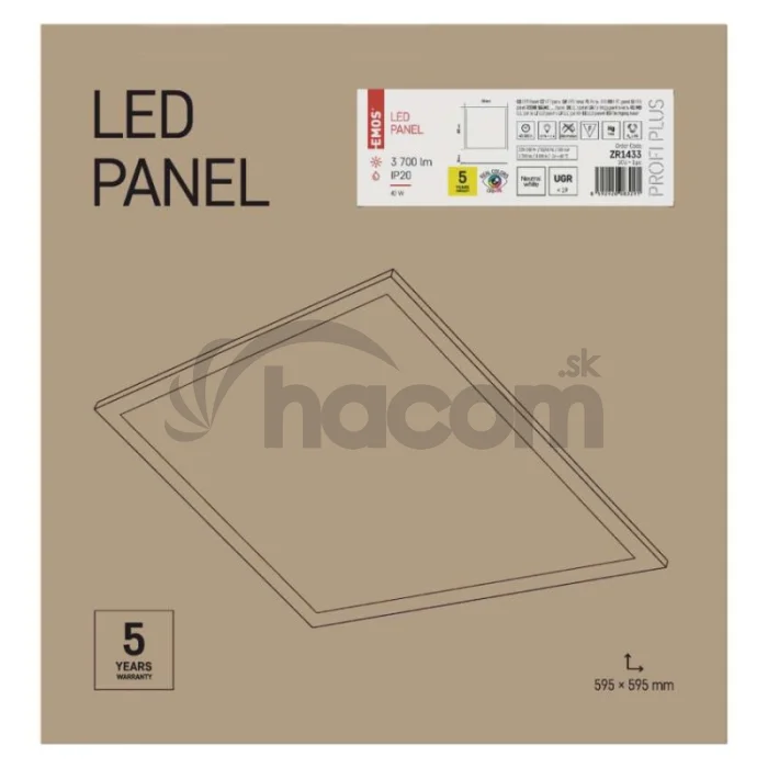LED panel PROXO 60 x 60 cm / 10 mm, 40 W, 3 700 lm, vstavaný, neutr. biela, UGR<19, IP20