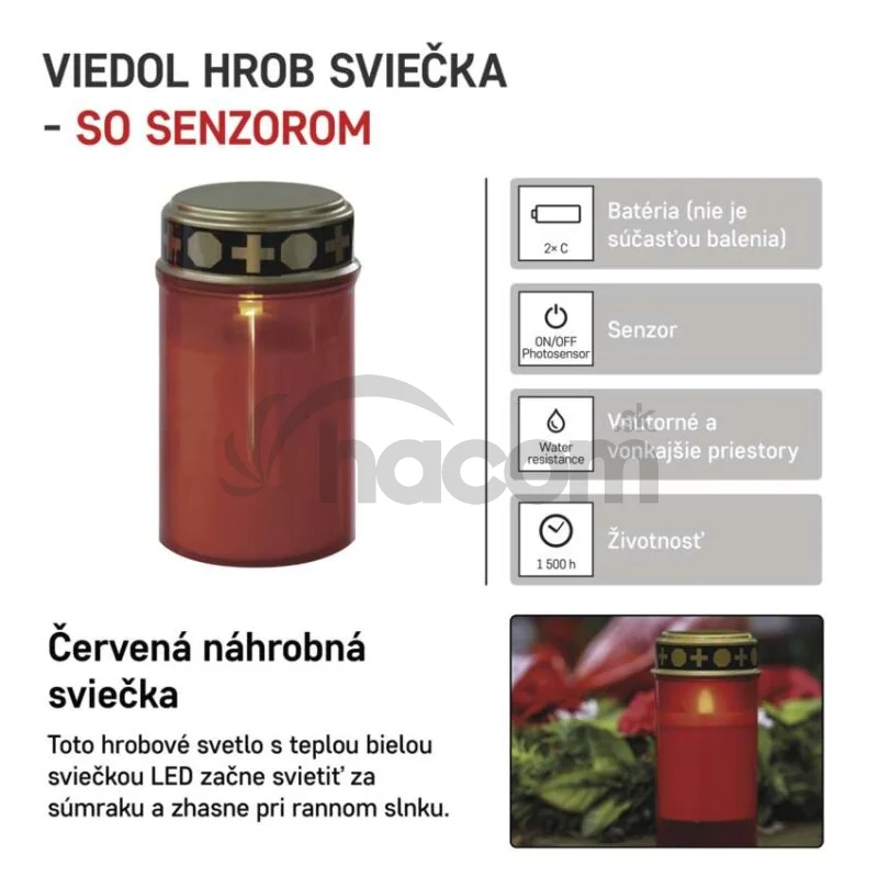 LED náhrobná sviečka červená, 2x C, vonkajšia aj vnútorná, teplá biela, senzor