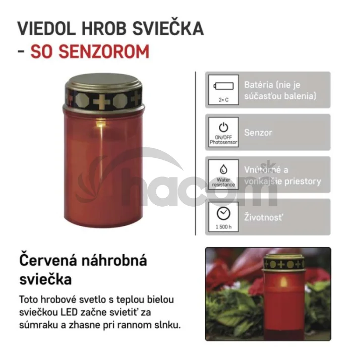 LED náhrobná sviečka červená, 2x C, vonkajšia aj vnútorná, teplá biela, senzor