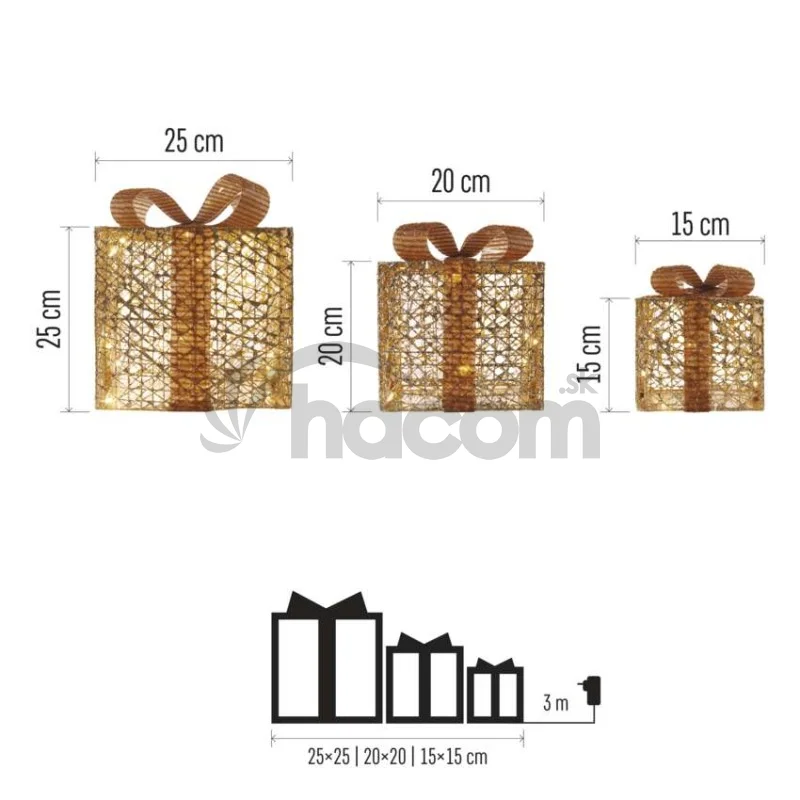 LED darčeky, 3 veľkosti, vnútorné, teplá biela