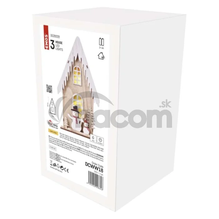 LED dekor. drevená – dom so snehuliakmi, 28,5 cm, 2x AA, vnútorná, teplá biela, časovač