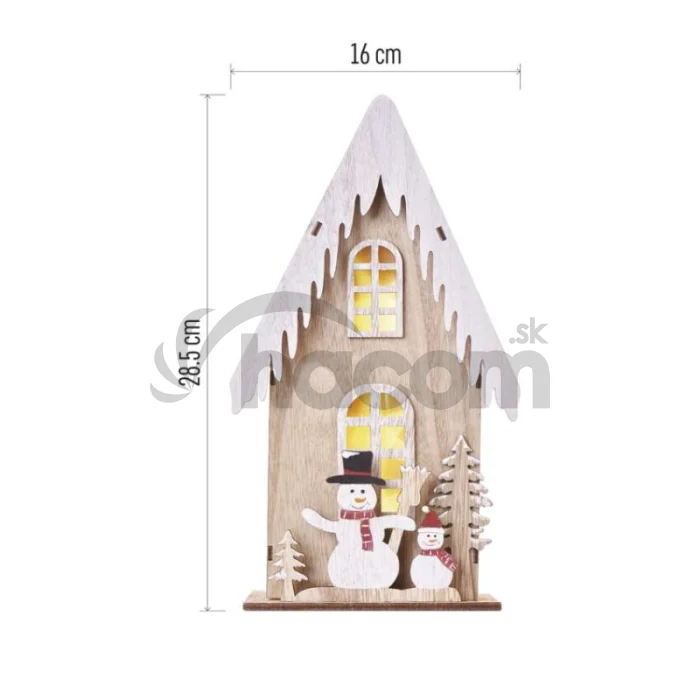 LED dekor. drevená – dom so snehuliakmi, 28,5 cm, 2x AA, vnútorná, teplá biela, časovač