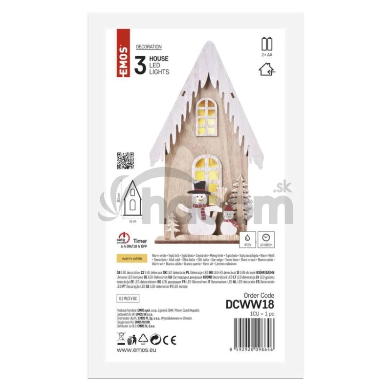 LED dekor. drevená – dom so snehuliakmi, 28,5 cm, 2x AA, vnútorná, teplá biela, časovač