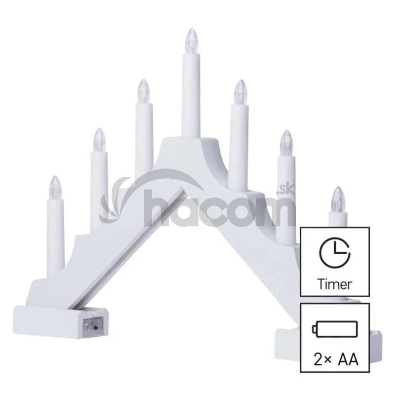 LED svietnik drevený biely, 29 cm, 2x AA, vnútorný, teplá biela, časovač