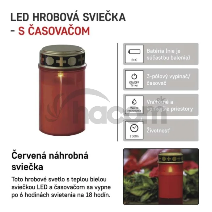 LED náhrobná sviečka červená, 2x C, vonkajšia aj vnútorná, teplá biela, časovač