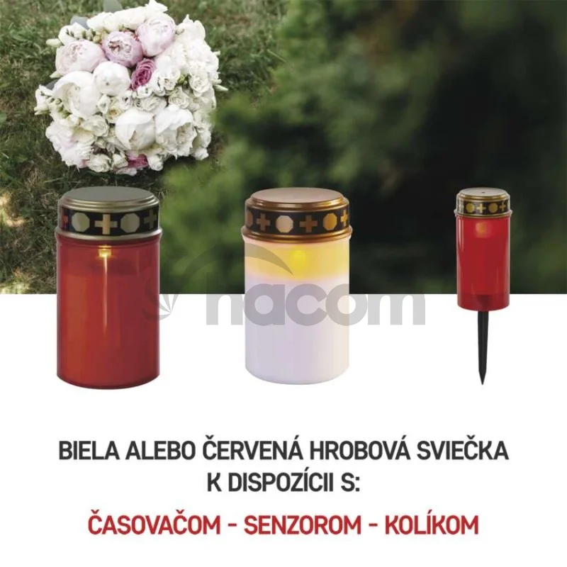 LED náhrobná sviečka červená, 2x C, vonkajšia aj vnútorná, teplá biela, časovač