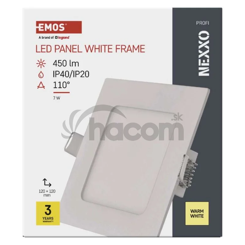 LED vstavané svietidlo NEXXO, štvorec, biely, 7W, teplá biela