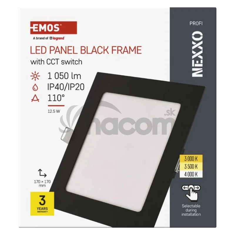 LED vstavané svietidlo NEXXO, štvorec, čierne, 12W, CCT