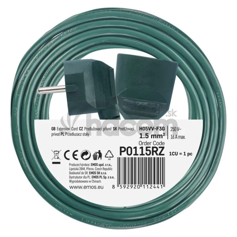 Predlžovací kábel 5 m / 1 zásuvka / zelený / PVC / 1,5 mm2