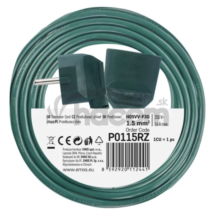 Predlžovací kábel 5 m / 1 zásuvka / zelený / PVC / 1,5 mm2