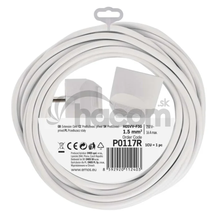 Predlžovací kábel 7 m / 1 zásuvka / biely / PVC / 1,5 mm2