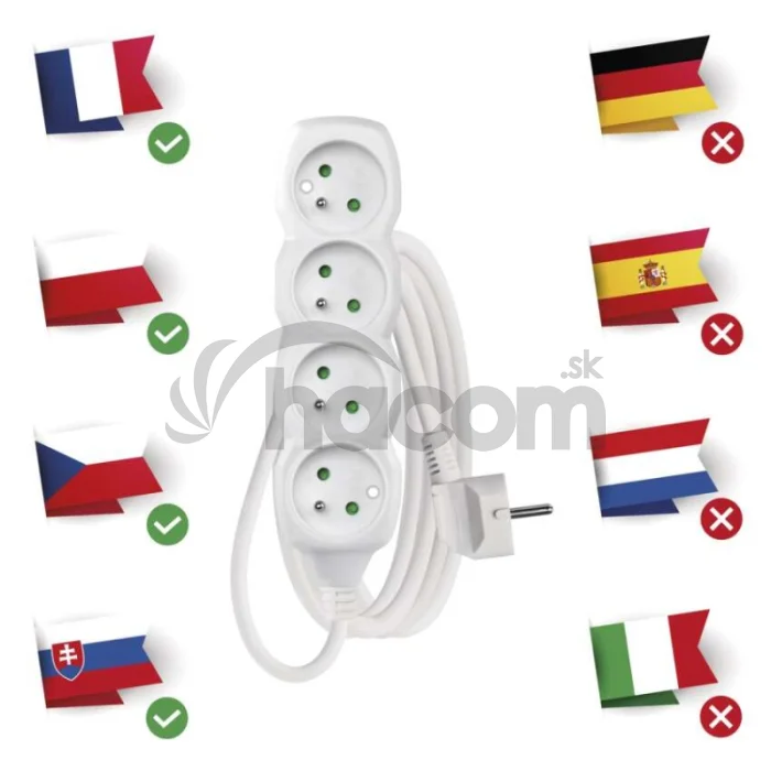 Predlžovací kábel 3 m / 4 zásuvky / biely / PVC / 1,5 mm2