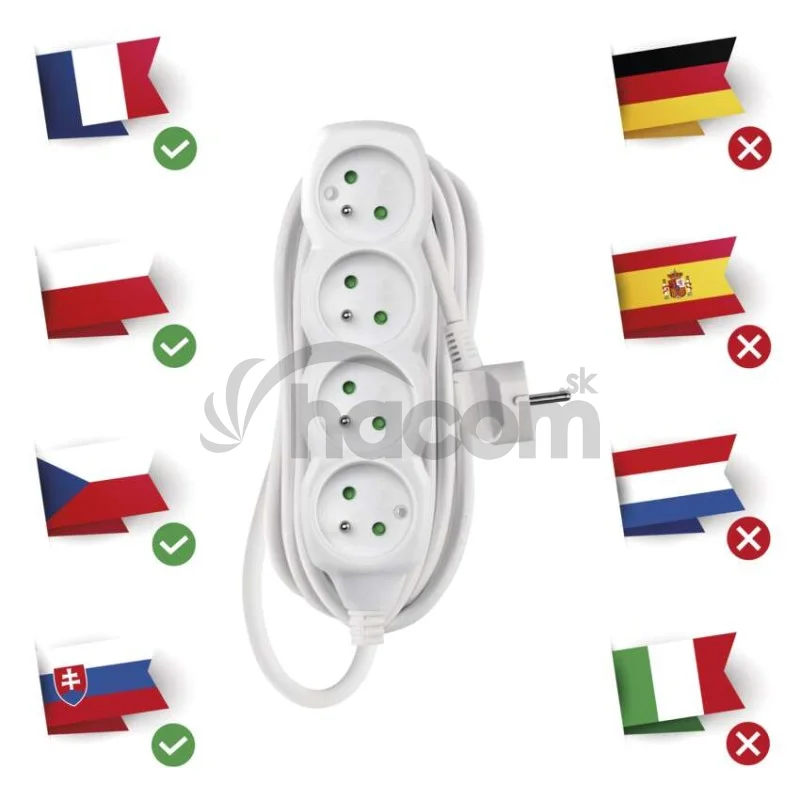 Predlžovací kábel 5 m / 4 zásuvky / biely / PVC / 1,5 mm2