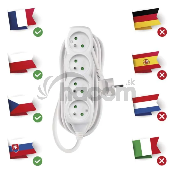 Predlžovací kábel 5 m / 4 zásuvky / biely / PVC / 1,5 mm2