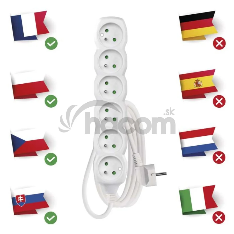 Predlžovací kábel 3 m / 6 zásuviek / biely / PVC / 1,5 mm2