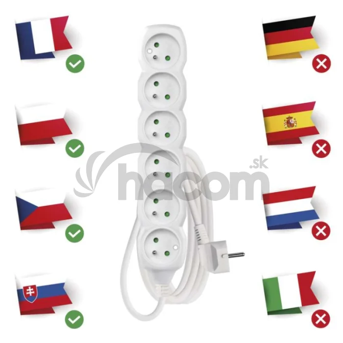 Predlžovací kábel 3 m / 6 zásuviek / biely / PVC / 1,5 mm2