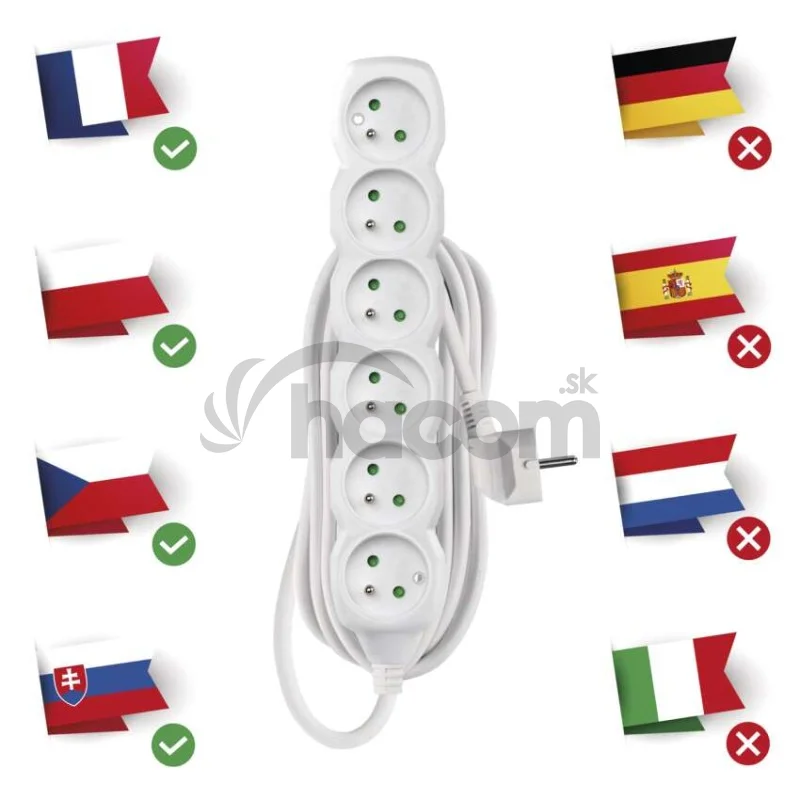 Predlžovací kábel 5 m / 6 zásuviek / biely / PVC / 1,5 mm2