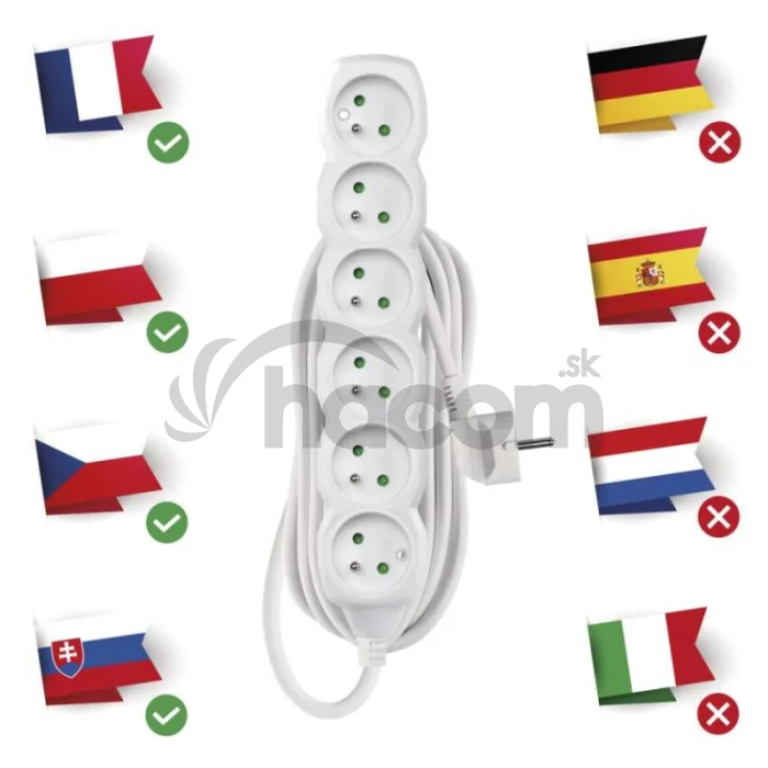 Predlžovací kábel 5 m / 6 zásuviek / biely / PVC / 1,5 mm2