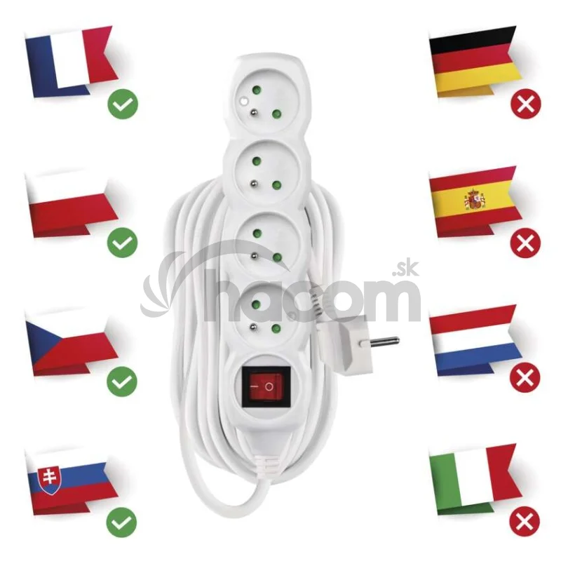 Predlžovací kábel 7 m / 4 zásuvky / s vypínačom / biely / PVC / 1,5 mm2