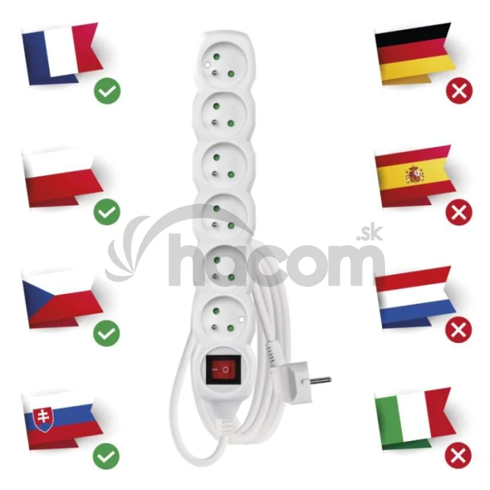Predlžovací kábel 3 m / 6 zásuviek / s vypínačom / biely / PVC / 1,5 mm2