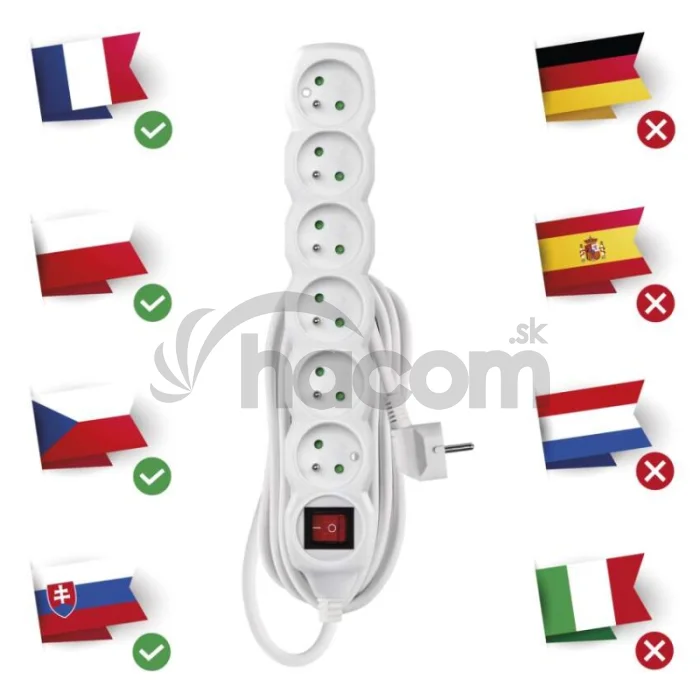 Predlžovací kábel 5 m / 6 zásuviek / s vypínačom / biely / PVC / 1,5 mm2