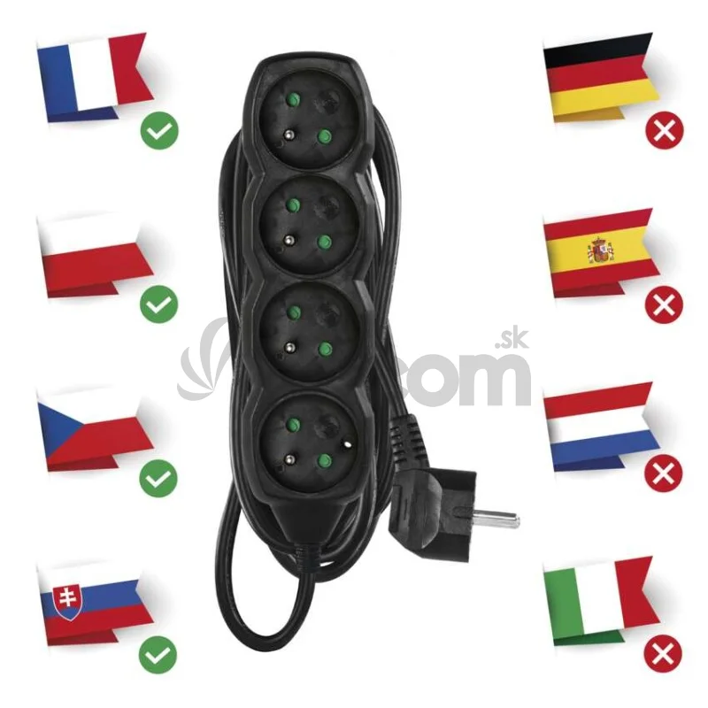 Predlžovací kábel 5 m / 4 zásuvky / čierny / PVC / 1,5 mm2