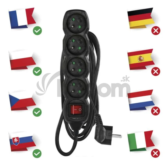 Predlžovací kábel 3 m / 4 zásuvky / s vypínačom / čierny / PVC / 1,5 mm2