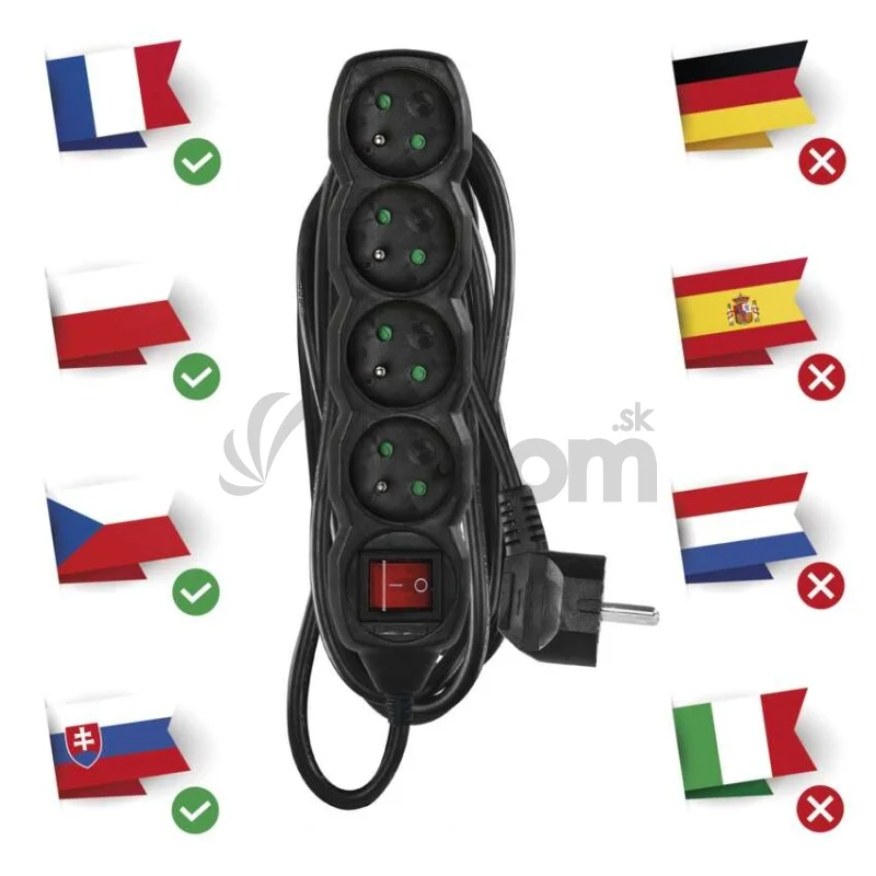 Predlžovací kábel 5 m / 4 zásuvky / s vypínačom / čierny / PVC / 1,5 mm2