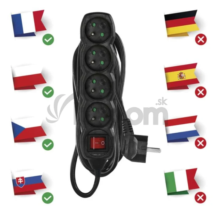 Predlžovací kábel 5 m / 4 zásuvky / s vypínačom / čierny / PVC / 1,5 mm2