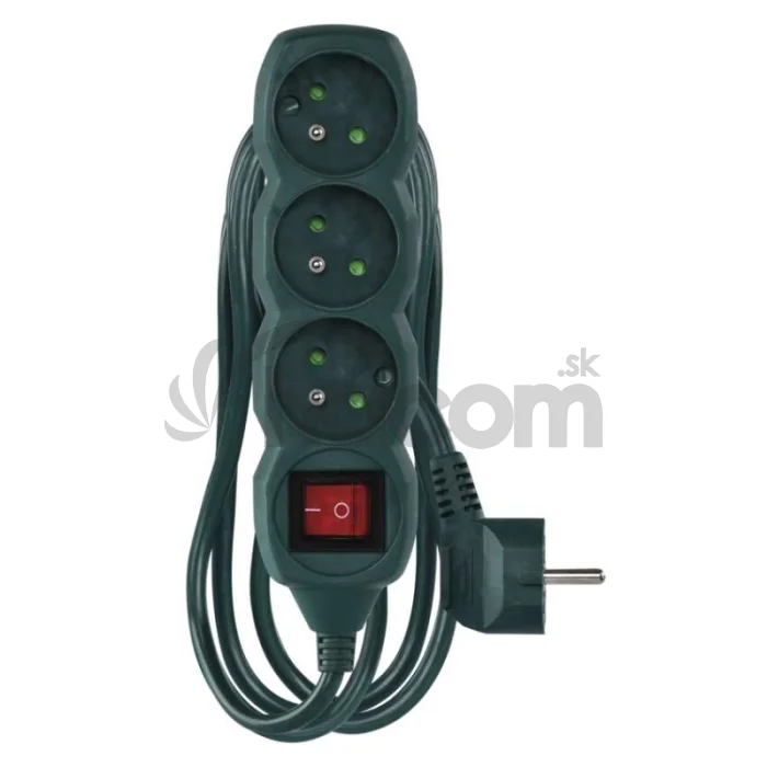 Predlžovací kábel 3 m / 5 zásuviek / s vypínačom / zelená / PVC / 1,5 mm2