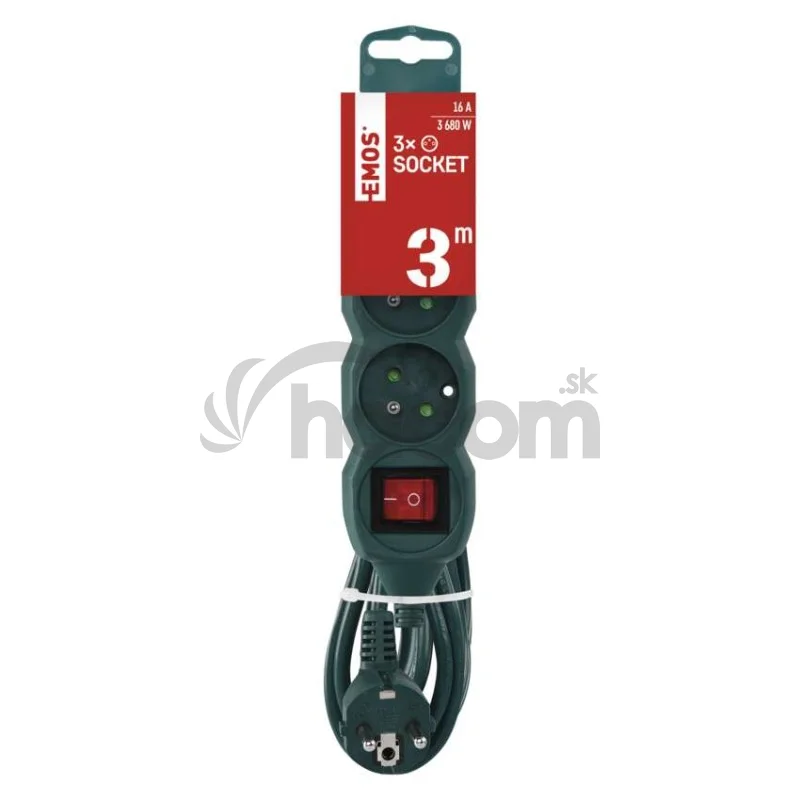 Predlžovací kábel 3 m / 5 zásuviek / s vypínačom / zelená / PVC / 1,5 mm2