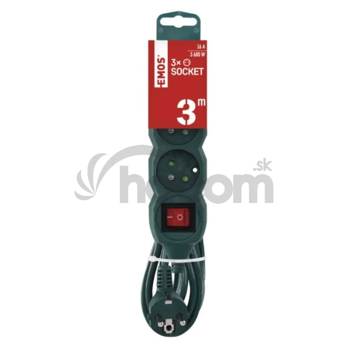 Predlžovací kábel 3 m / 5 zásuviek / s vypínačom / zelená / PVC / 1,5 mm2