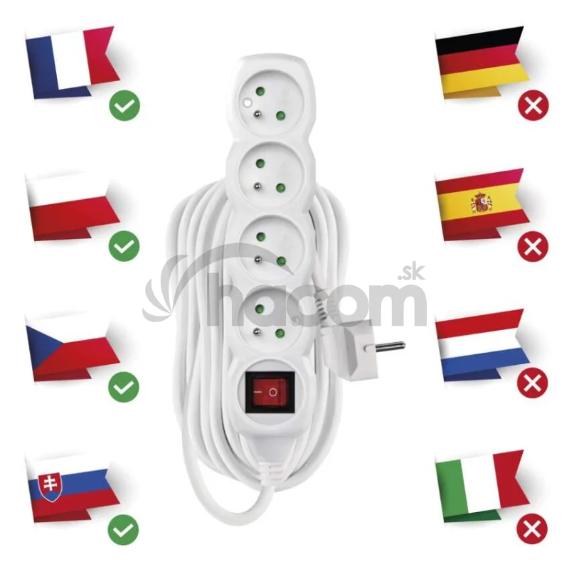 Predlžovací kábel 10 m / 4 zásuvky / s vypínačom / biely / PVC / 1,5 mm2