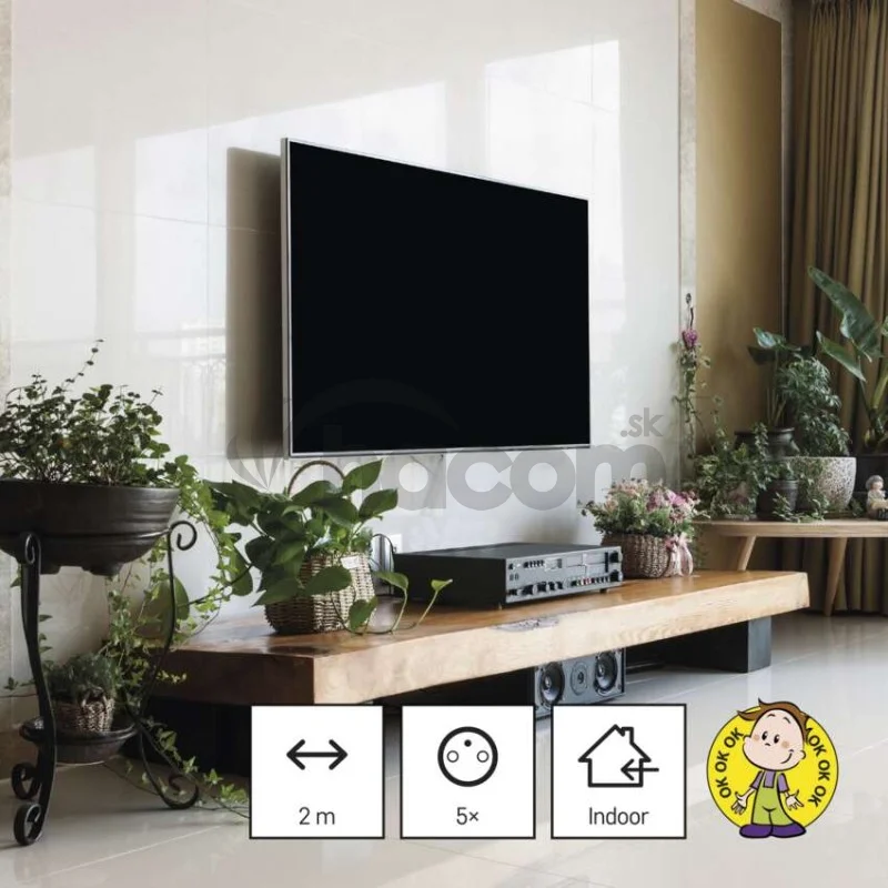 Predlžovací kábel 2 m / 5 zásuviek / čierny / PVC / 1 mm2