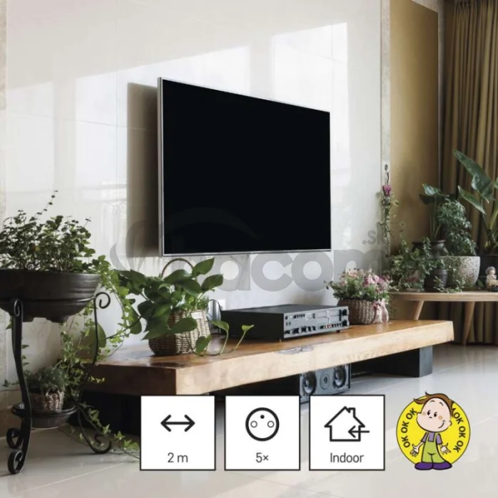 Predlžovací kábel 2 m / 5 zásuviek / čierny / PVC / 1 mm2