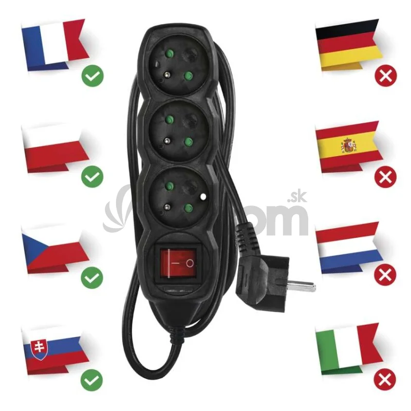 Predlžovací kábel 3 m / 3 zásuvky / s vypínačom / čierny / PVC / 1,5 mm2