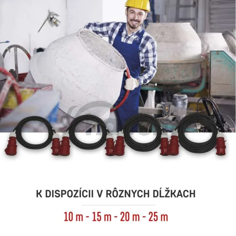 3 fázový vonkajší predlžovací kábel 20 m / 1 zásuvka / čierny / guma / 400 V / 4 mm2