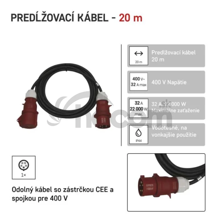 3 fázový vonkajší predlžovací kábel 20 m / 1 zásuvka / čierny / guma / 400 V / 4 mm2