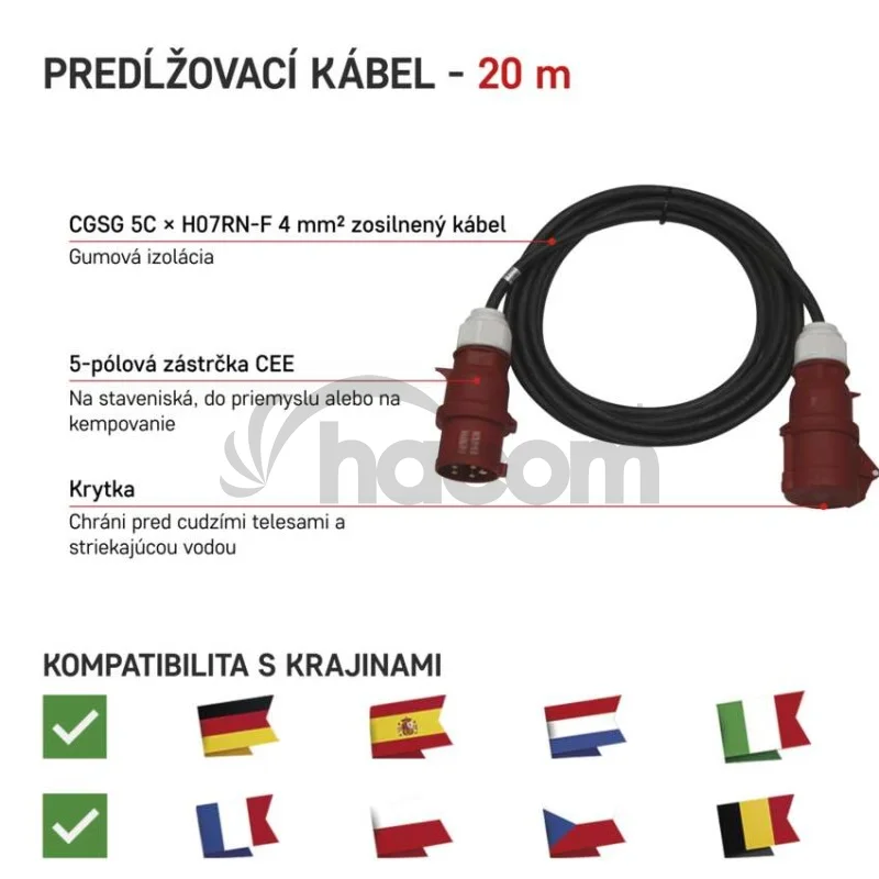 3 fázový vonkajší predlžovací kábel 20 m / 1 zásuvka / čierny / guma / 400 V / 4 mm2
